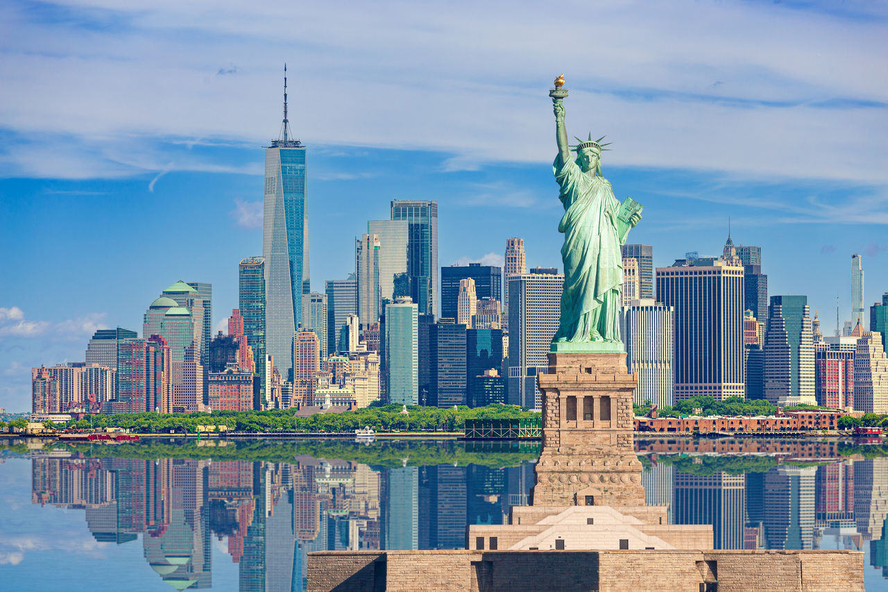 A photo of the New York City skyline from New Jersey.