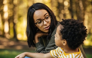 Mom talking to son