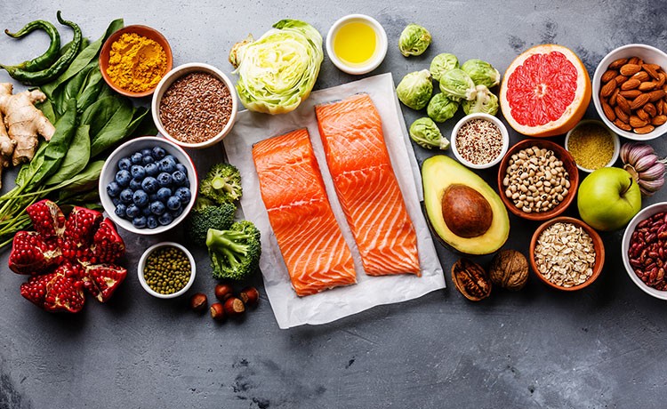 A platter of healthy foods recommended for cancer patients & survivors.