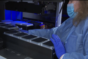 A female lab worker surveys a tray of test tubes.