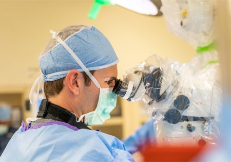 Dr. Meyer examines samples through a microscope.